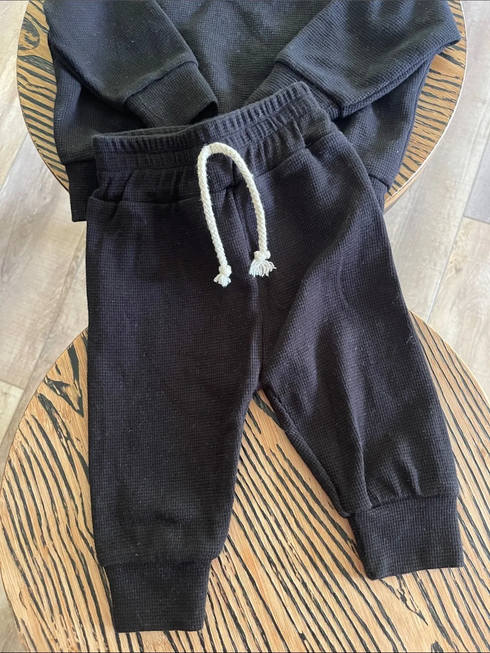 Black Waffle Knit Crewneck & Jogger Set